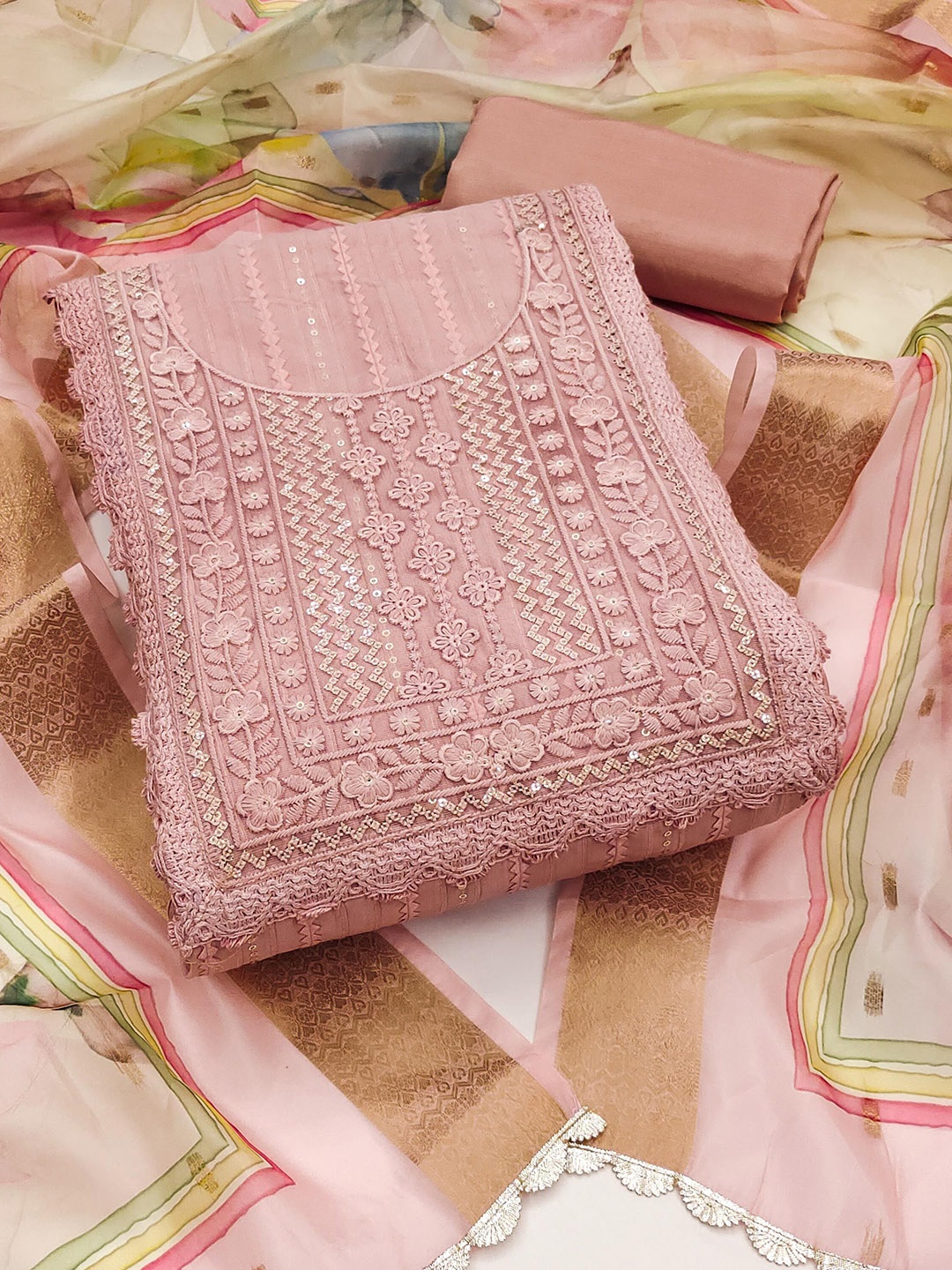 

Blissta Embellished Unstitched Dress Material, Pink