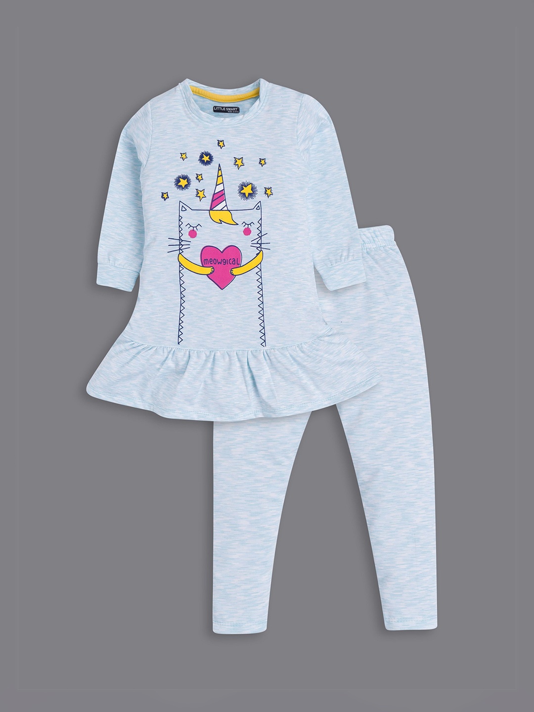 

BAESD Girls Printed Round Neck Top With Trousers, Blue