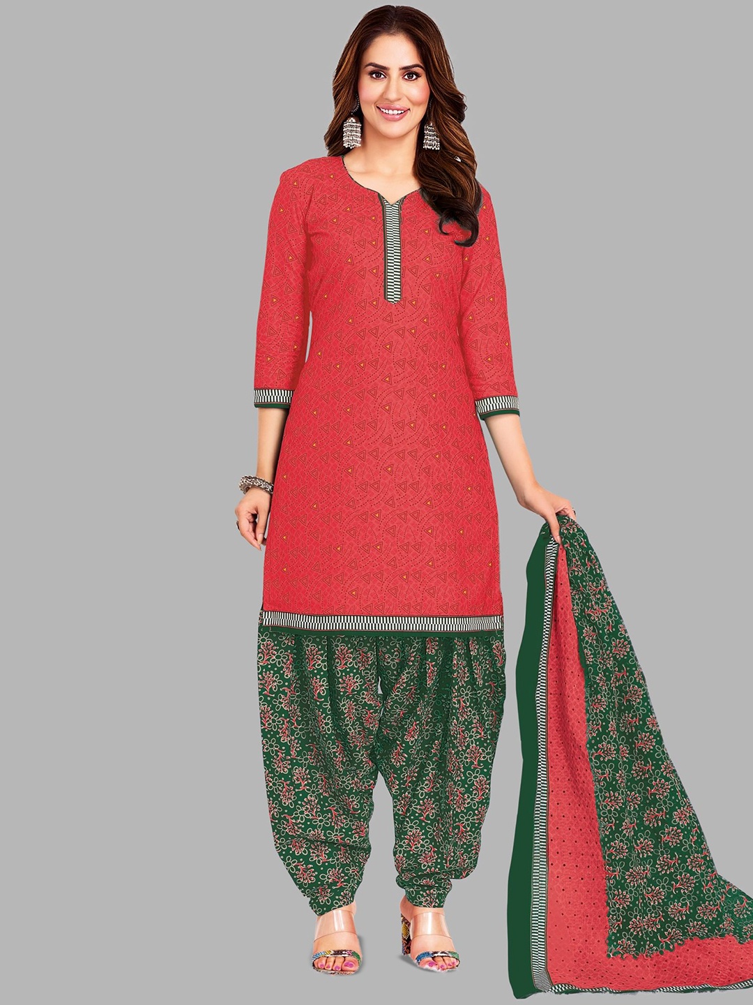 

Simmu Geometric Printed Pure Cotton Unstitched Dress Material, Red