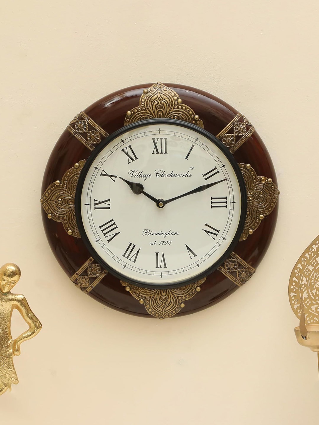 

vedas C-Duffy Brown & White Round Shaped Heritage Wooden Polished Wall Clock