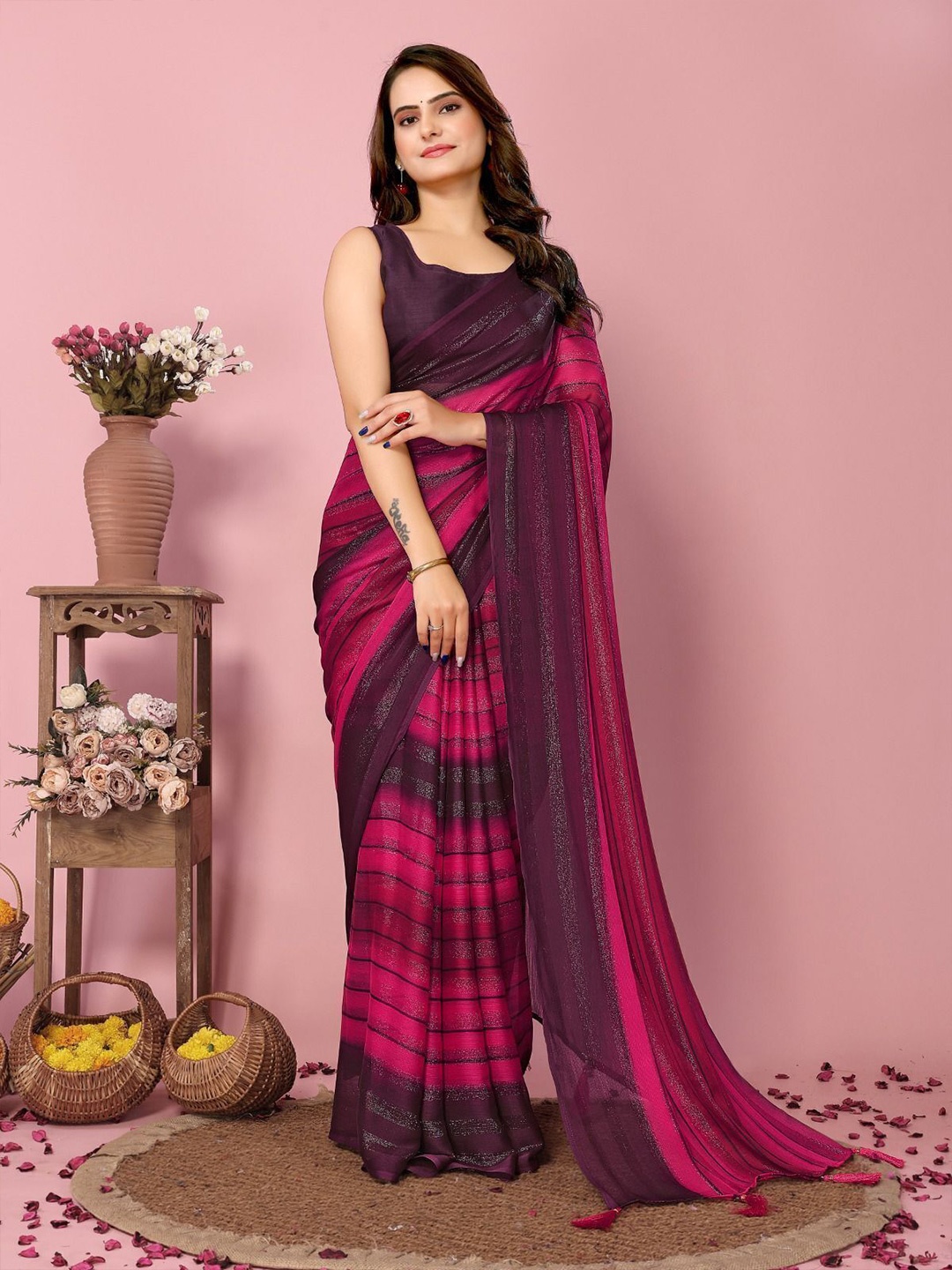 

bansari textiles Striped Embellished Saree, Pink