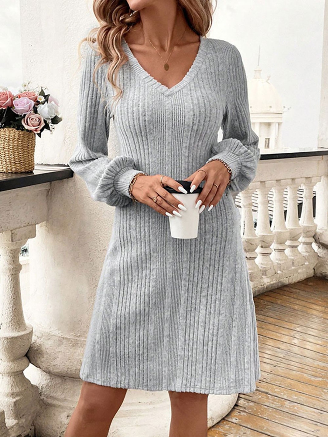 

StyleCast x Revolte Bishop Sleeve Jumper Dress, Grey