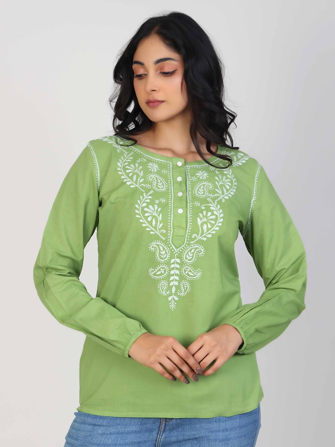 

Hassu's Women Embroidered Cotton Top, Green