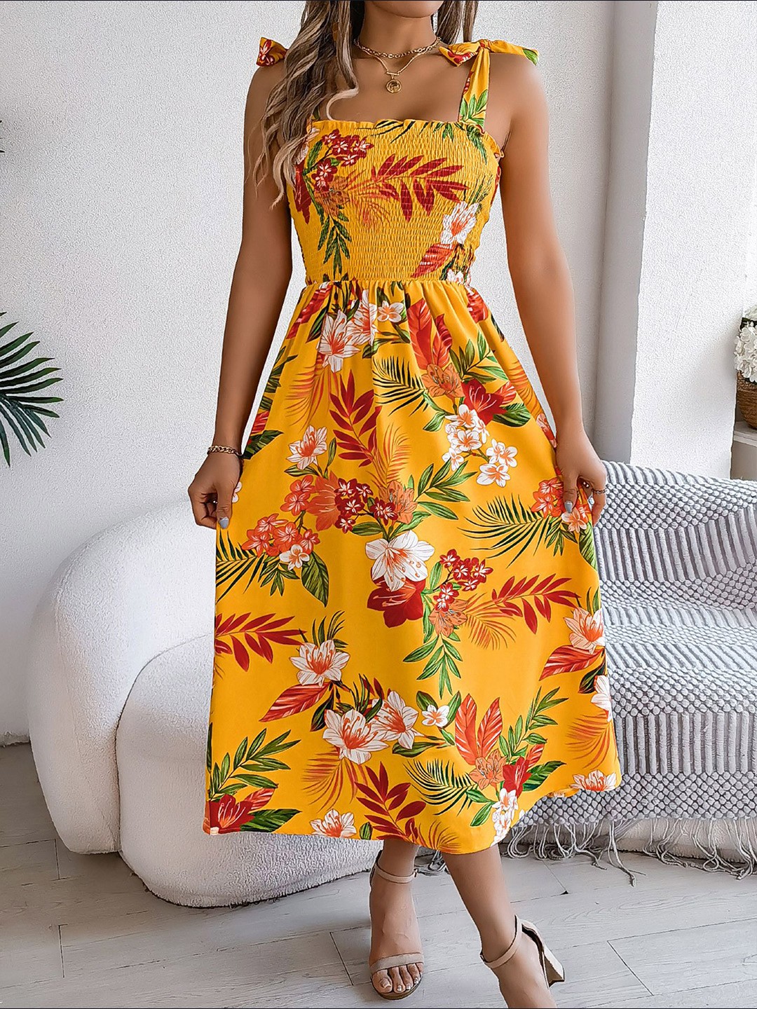 

StyleCast x Revolte Women Floral Printed Shoulder Straps Smocked Fit and Flare Midi Dress, Yellow