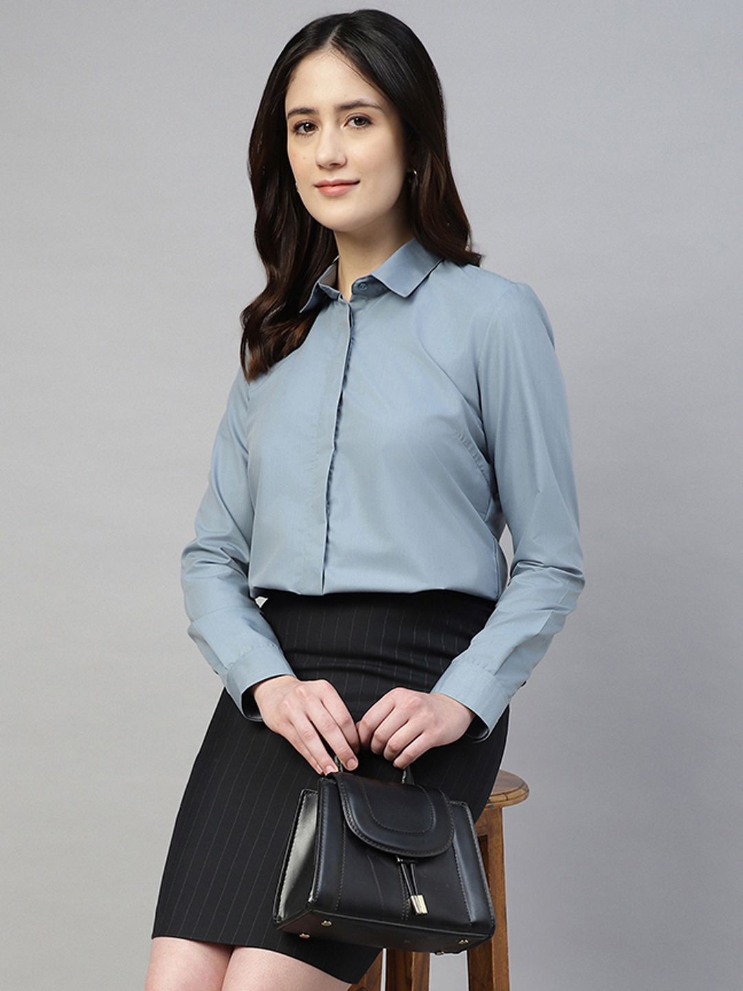 

English Navy Women Smart Fit Spread Collar Solid Cotton Formal Shirt, Blue