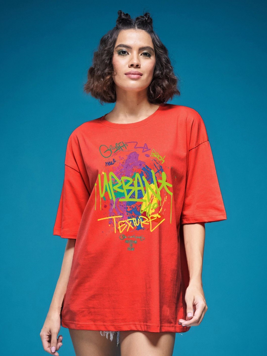

SMARTEES Women Graphic Printed Round Neck Cotton Oversized T-shirt, Red