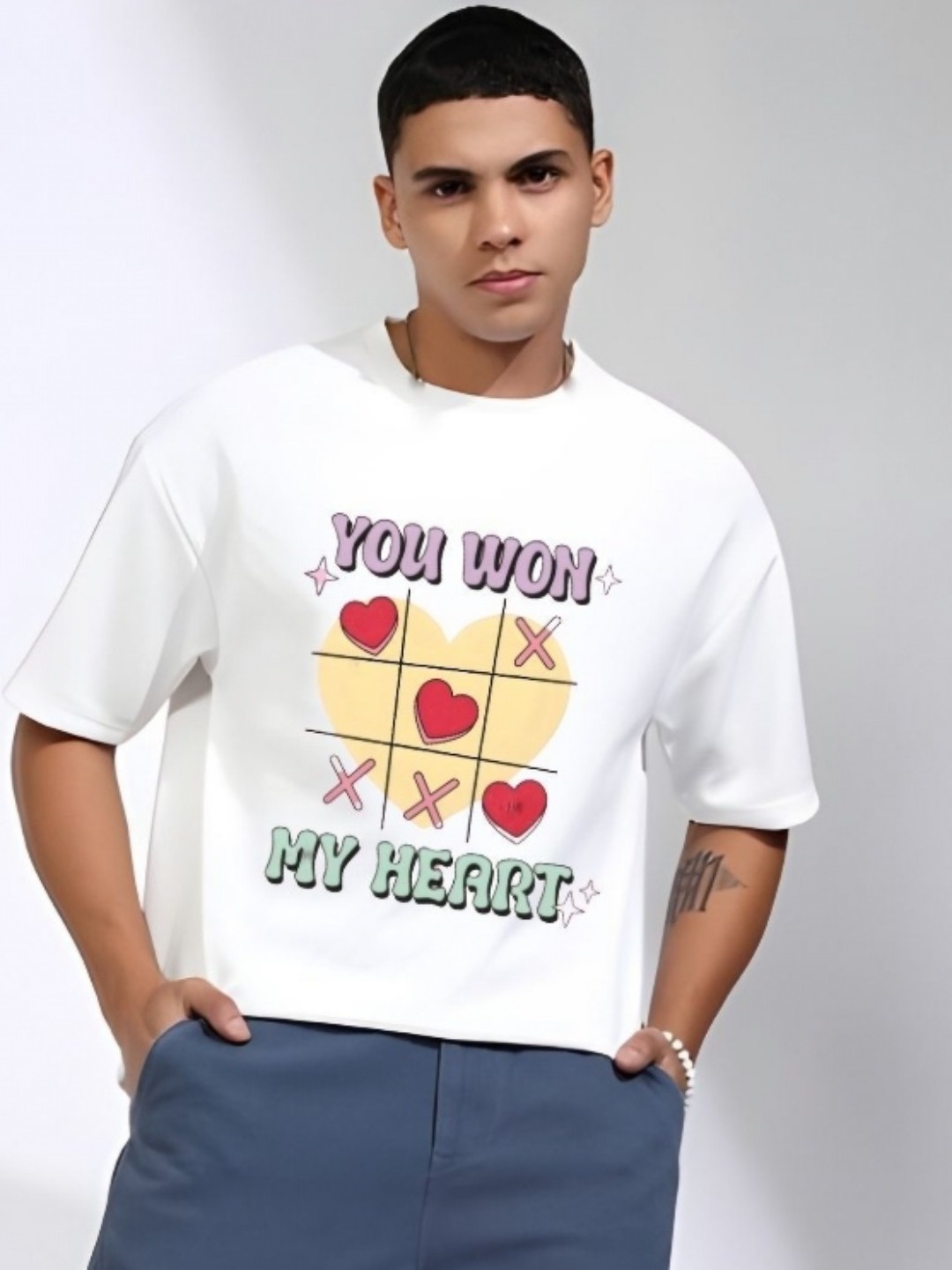 

Krimmple Men Typography Printed Round Neck Cotton Oversized T-shirt, White