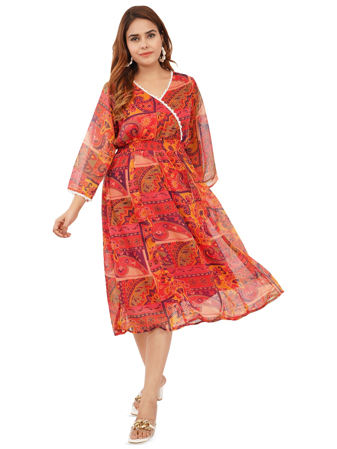 

Edla Women Ethnic Motifs Printed Chiffon Wrap Dress, Orange