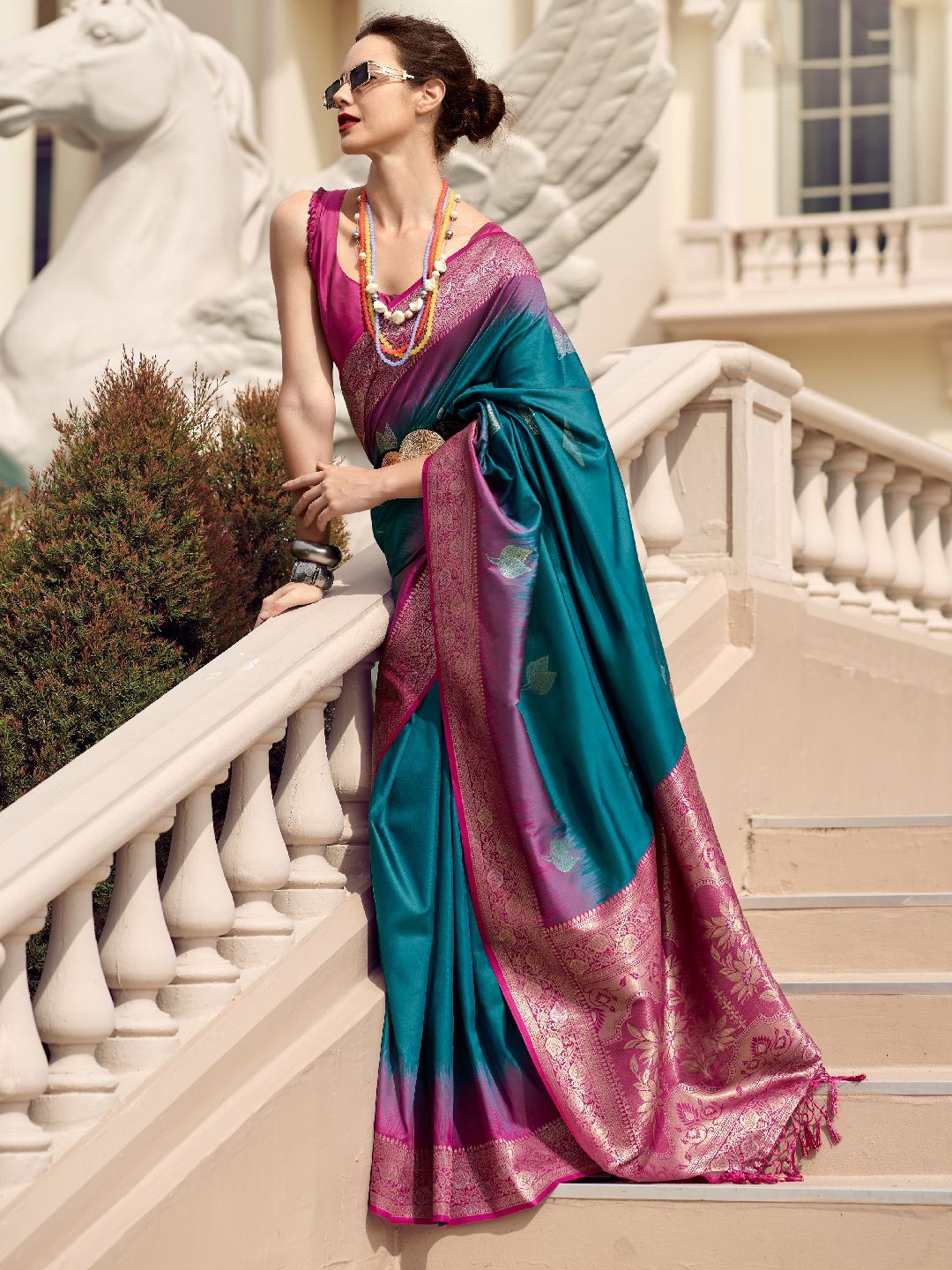 

Mitera Woven Design Zari Saree, Teal