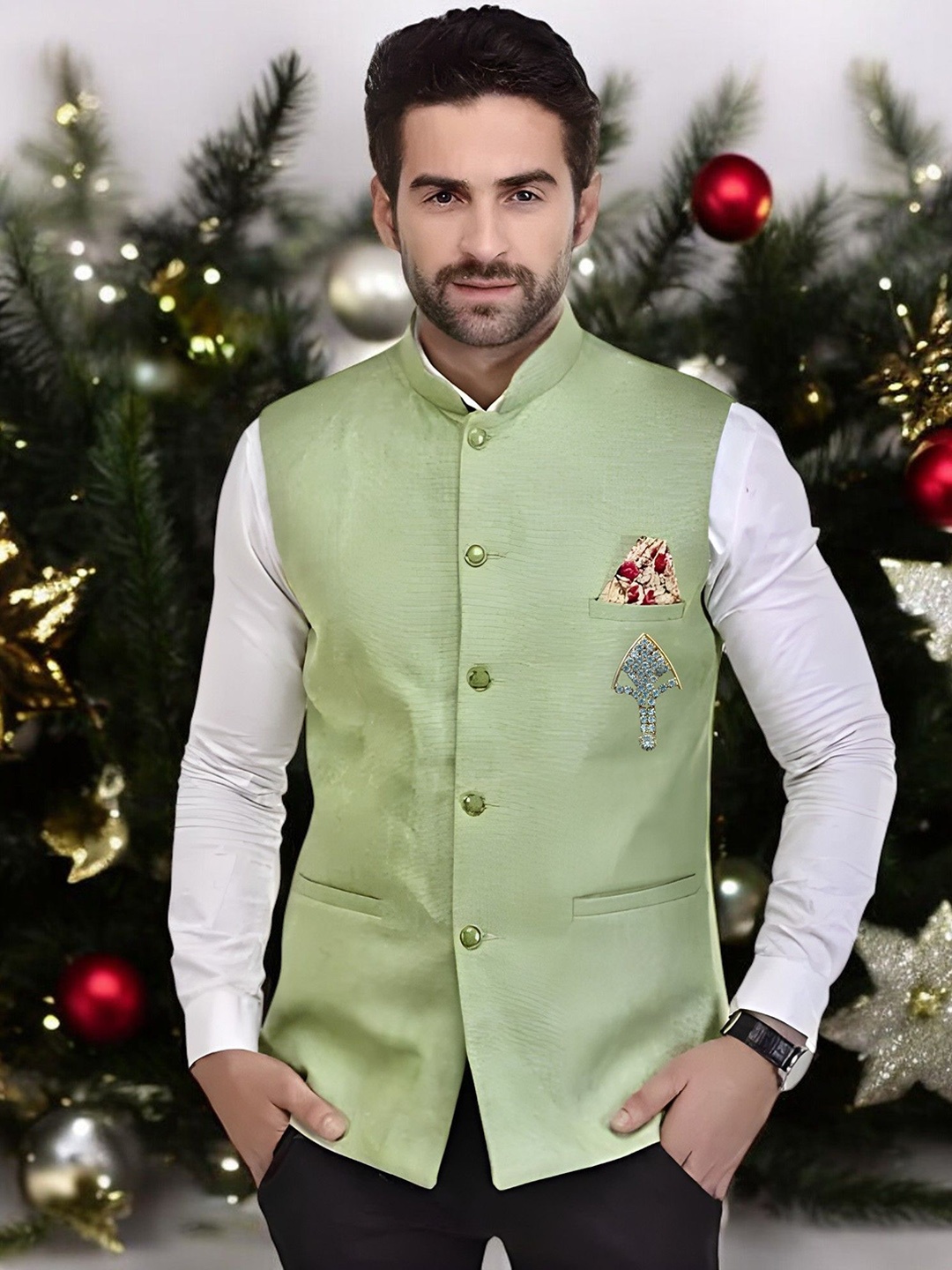 

Eliq Jute Cotton Mandarin Collar Nehru Jacket with Brooch, Sea green