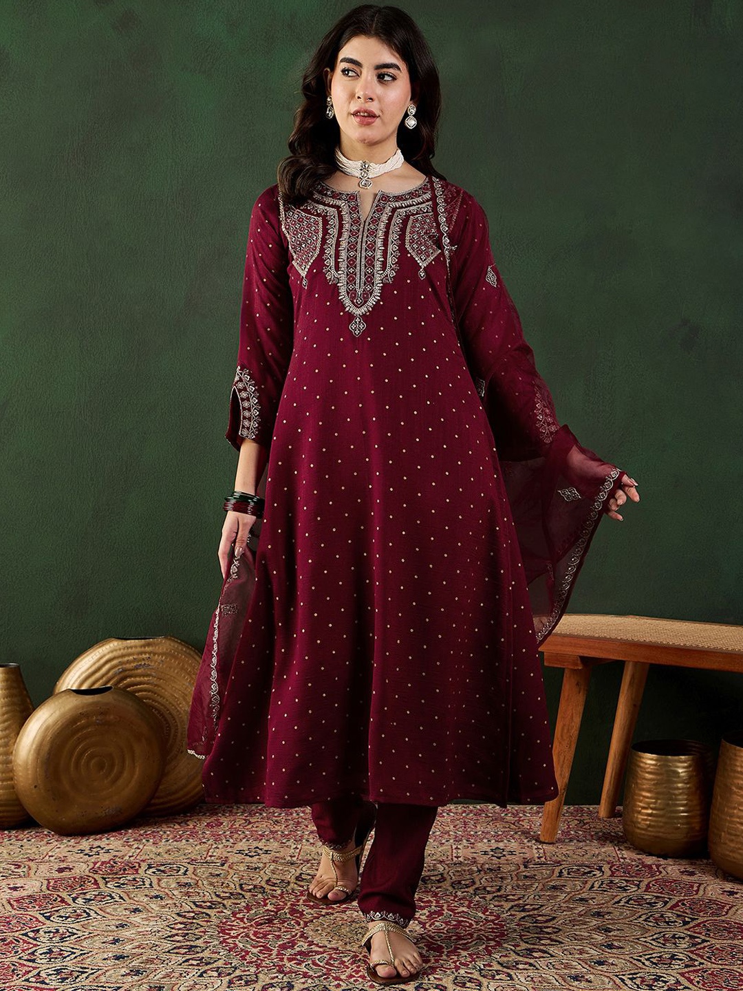 

Sangria Maroon Floral Embroidered Notch Neck Sequinned Kurta With Trousers And Dupatta