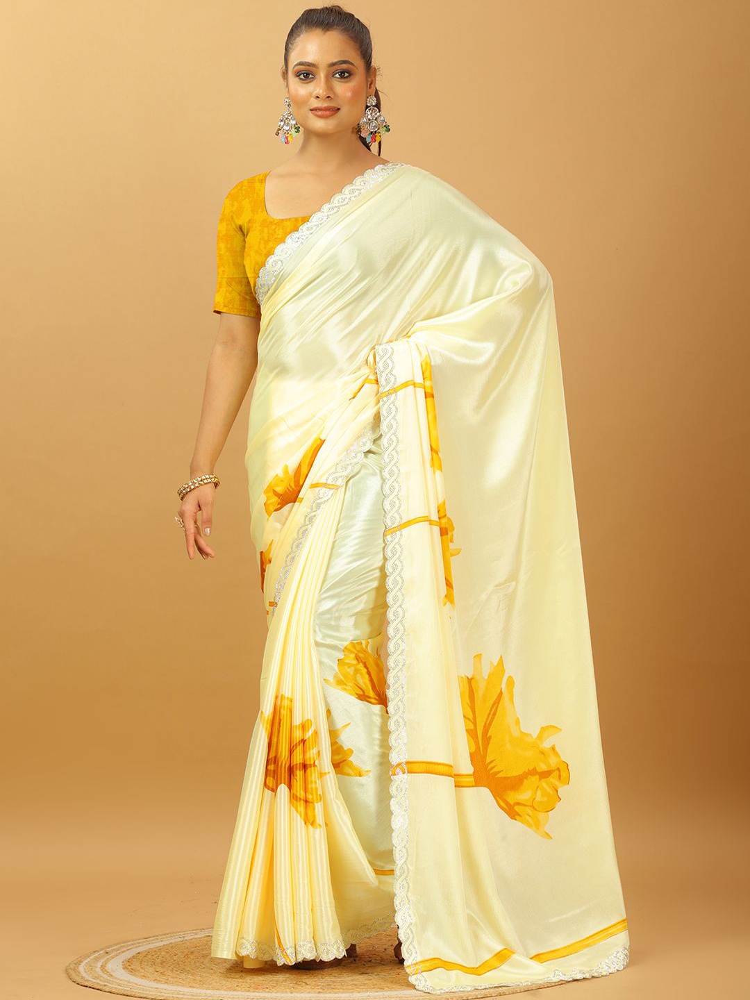 

NIRMAL CREATION Floral Beads and Stones Pure Georgette Saree, Yellow