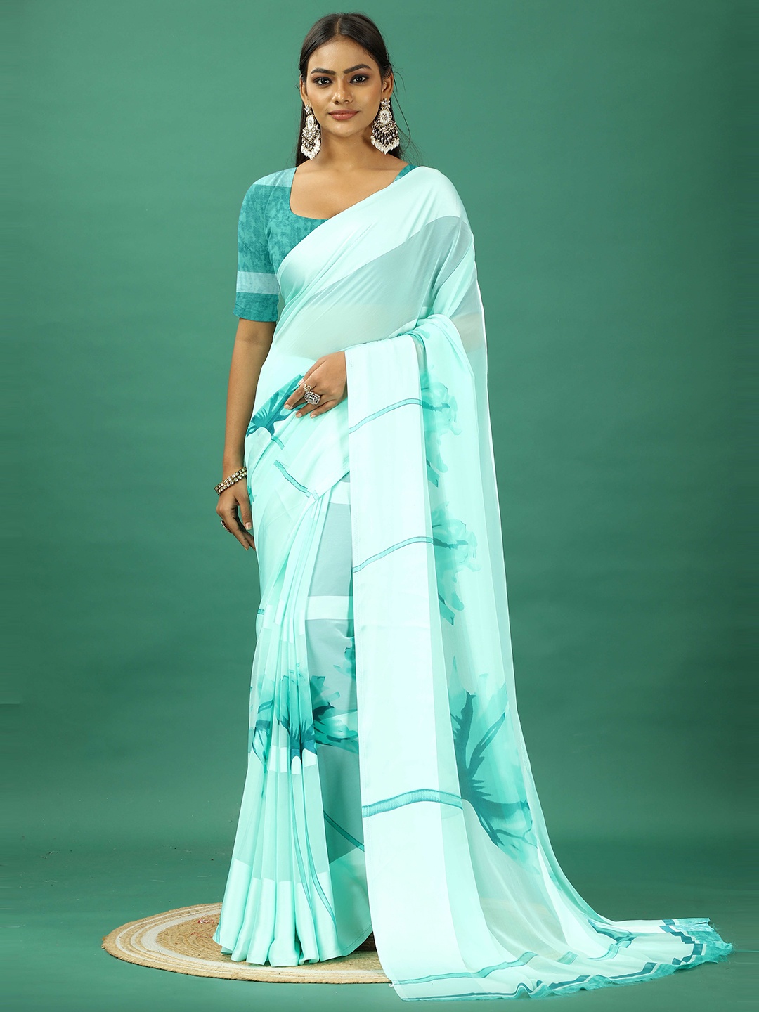 

A.V.M. SILK MILLS Floral Printed Striped Satin Saree, Turquoise blue