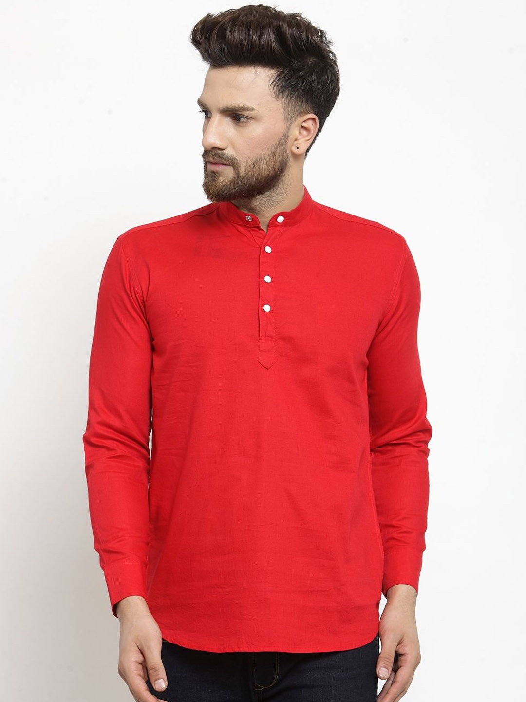 

Moda Rapido Band Collar Rolled-Up Sleeves Pure Cotton Short Kurta, Red