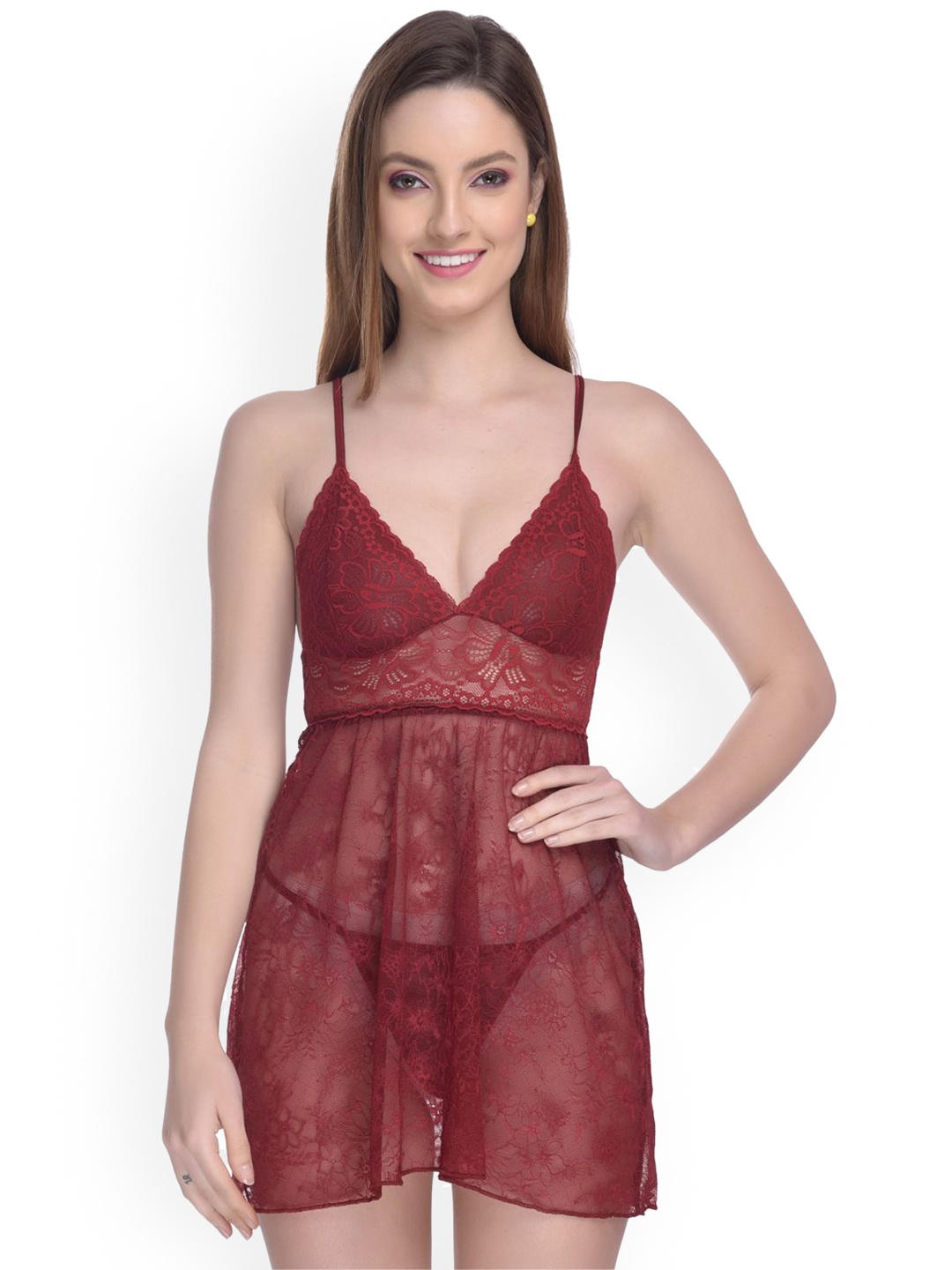 

Fihana Women Shoulder Straps Net Baby Doll, Maroon