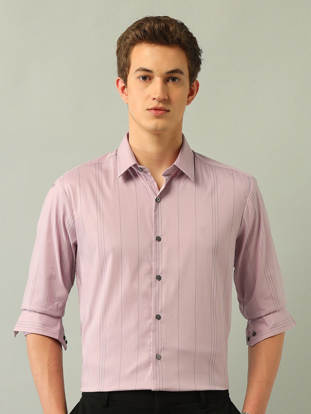 

Arrow New York Men Slim Fit Spread Collar Vertical Striped Cotton Formal Shirt, Mauve