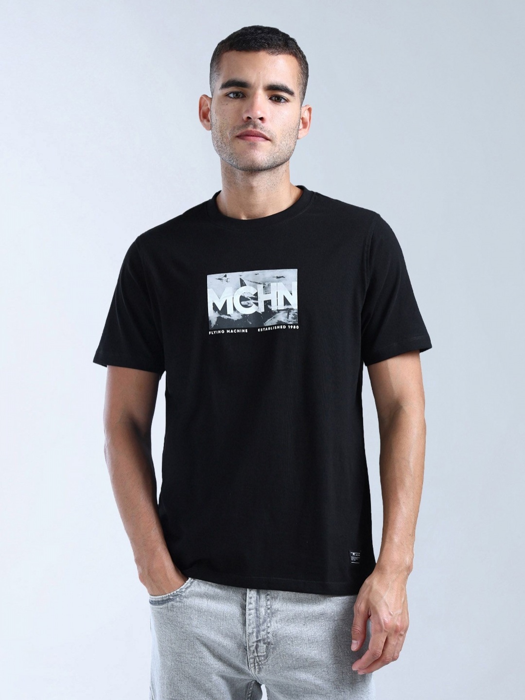 

Flying Machine Men Brand Logo Printed Applique T-shirt, Black