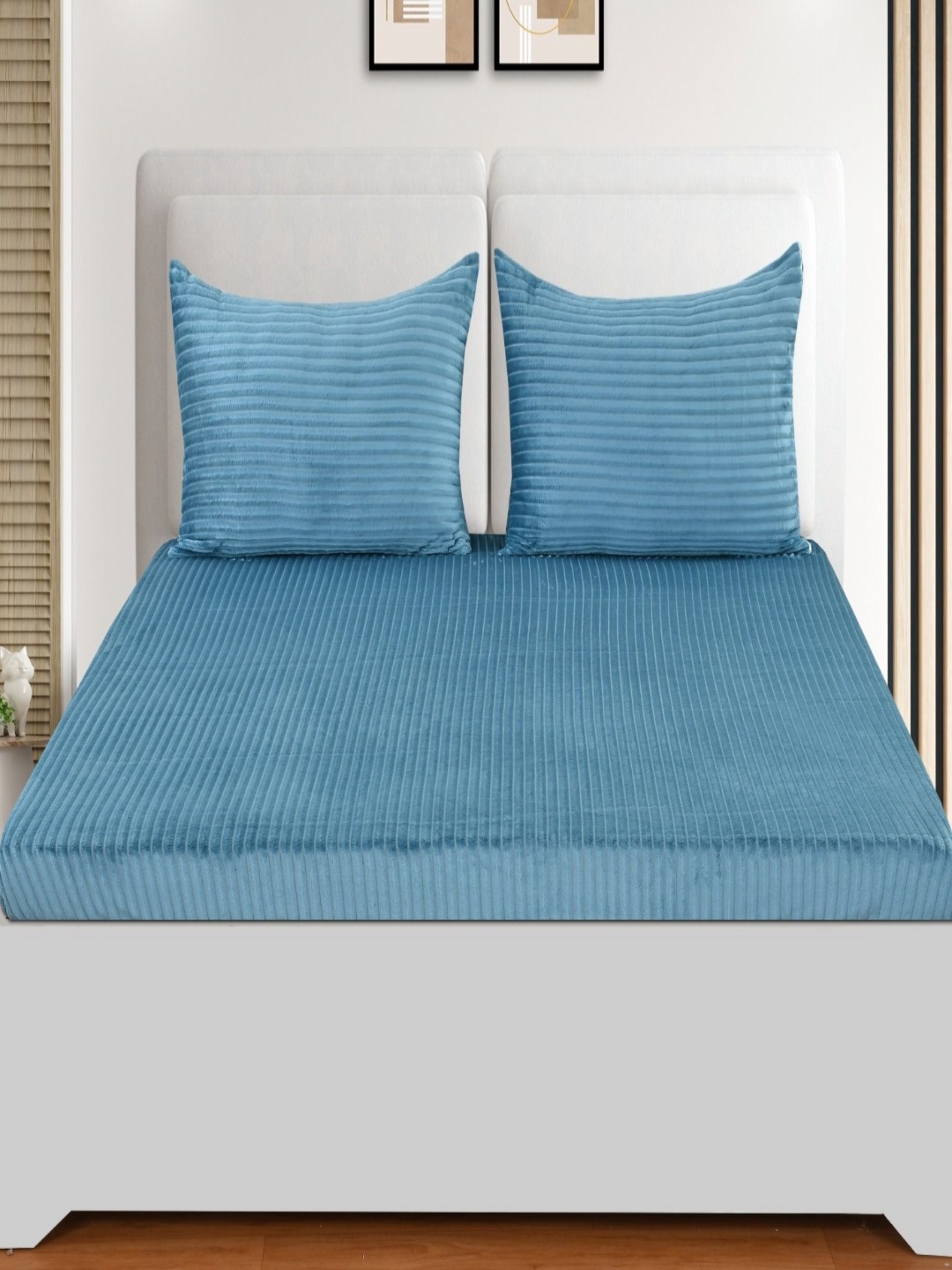 

BLUEDOT Flano Blue Striped 300 TC Wool King Bedsheet Set 1.98 m x 1.82 m
