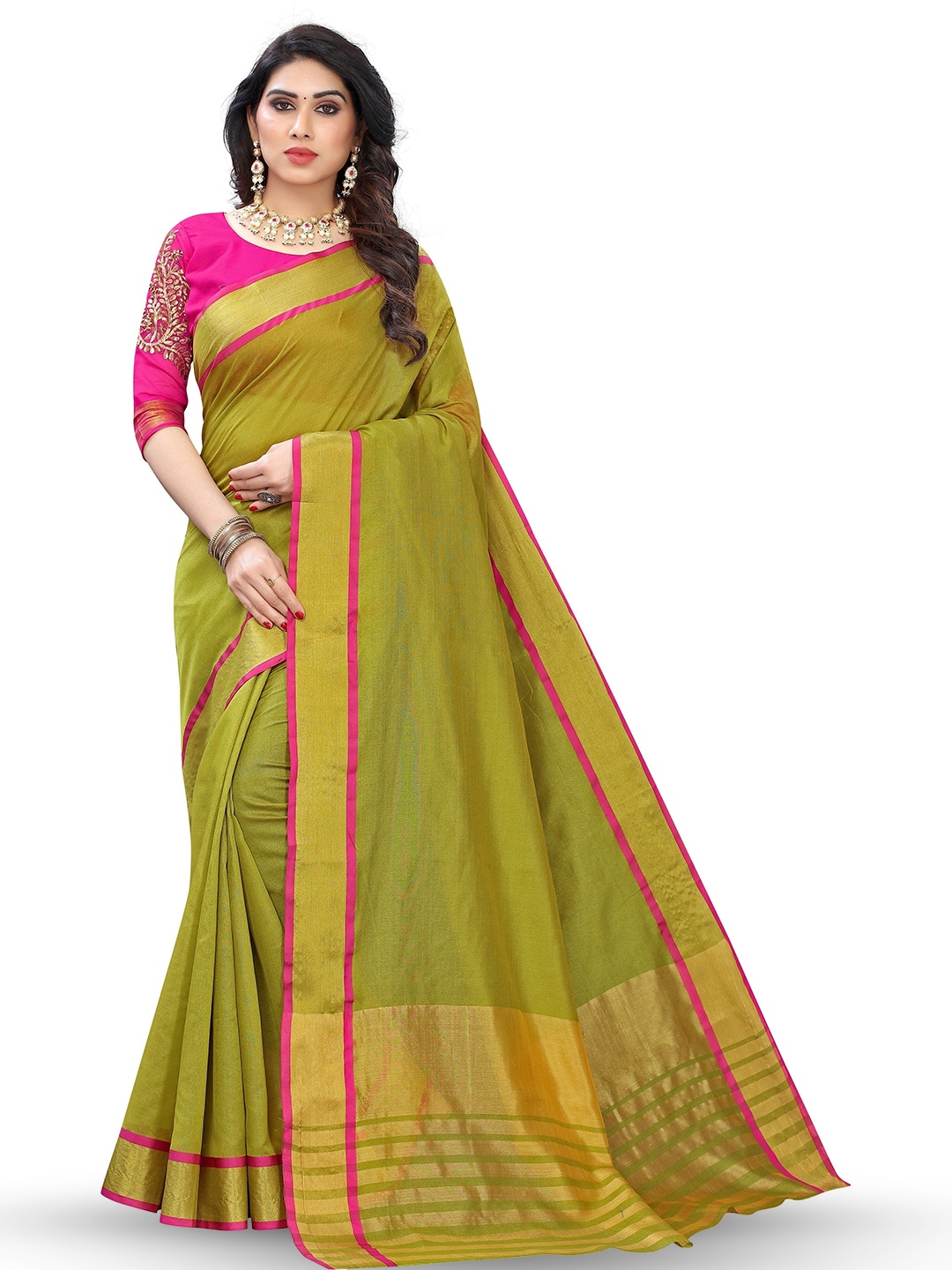 

bansari textiles Zari Border Tussar Saree, Green
