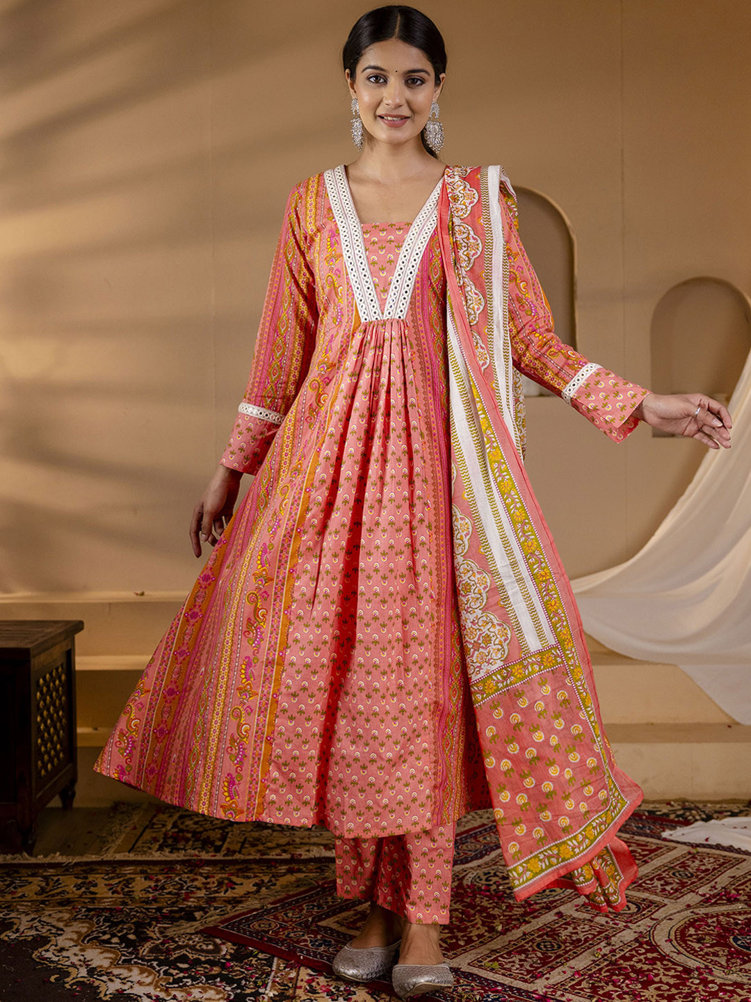 

Anouk Orange Ethnic Motifs Printed Pure Cotton Anarkali Kurta With Palazzo & Dupatta