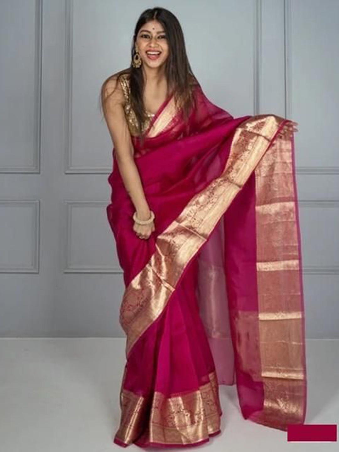 

bansari textiles Zari Pure Cotton Chanderi Saree, Pink