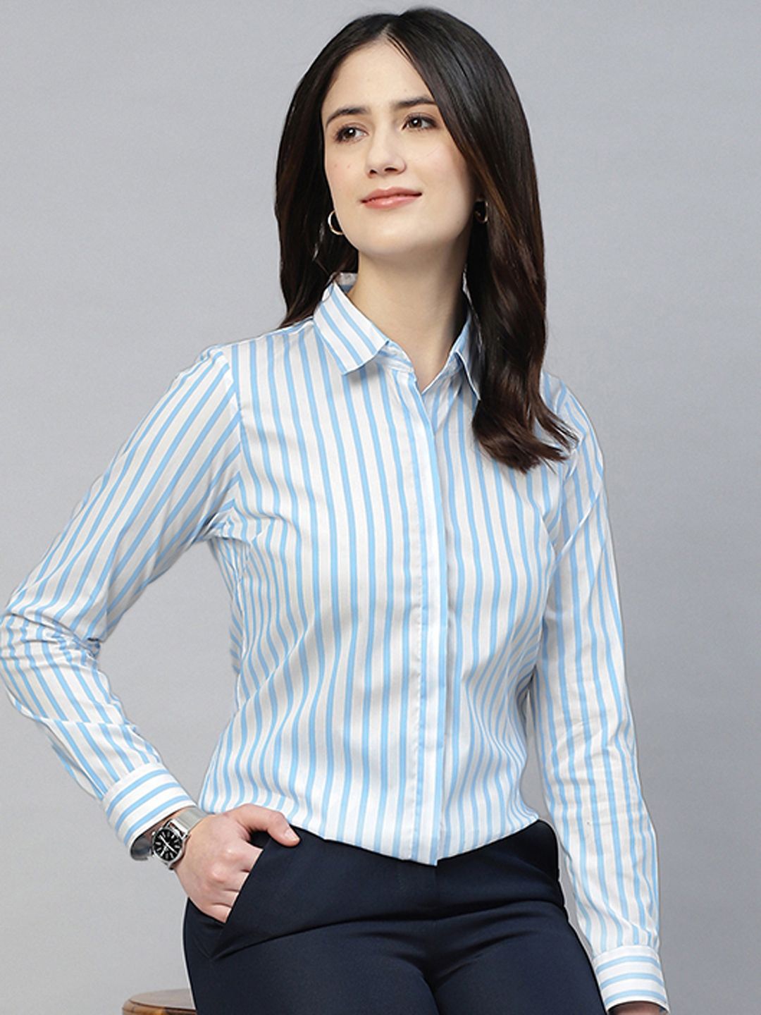 

Hancock Women Classic Fit Spread Collar Vertical Striped Cotton Formal Shirt, White