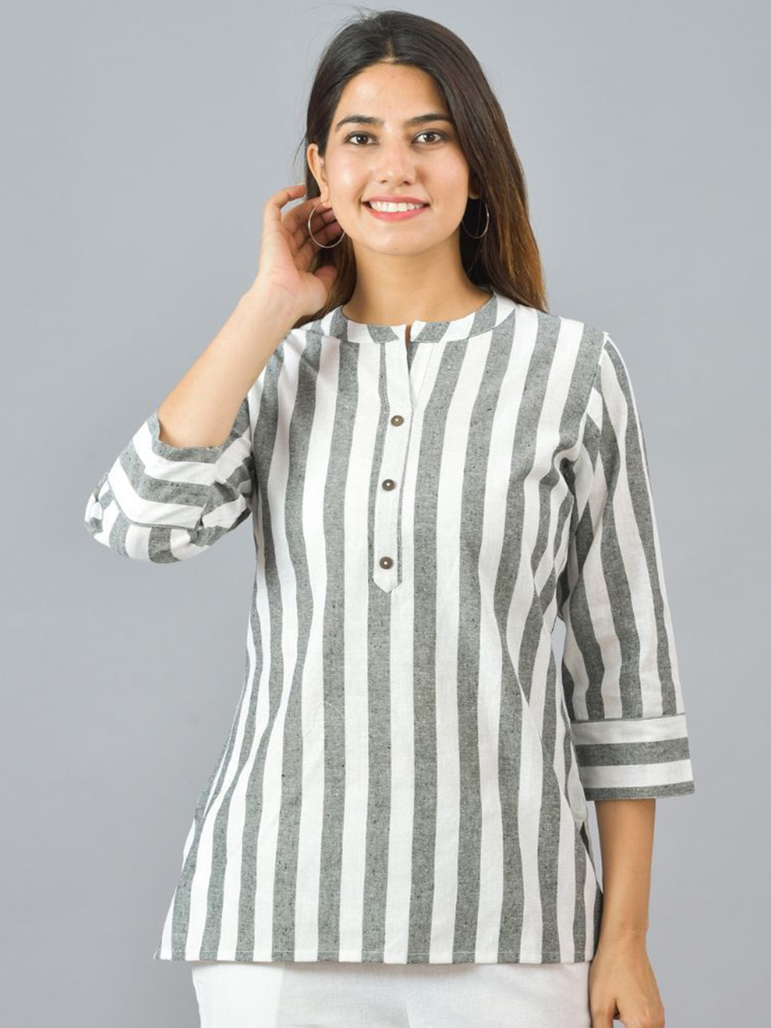 

Suha Striped Mandarin Collar Cotton Top, Grey