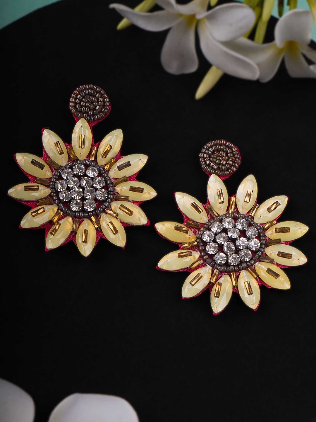 

Sangria Yellow Artificial Stones Studded & Beaded Floral Shaped Drop Earrings, Gold