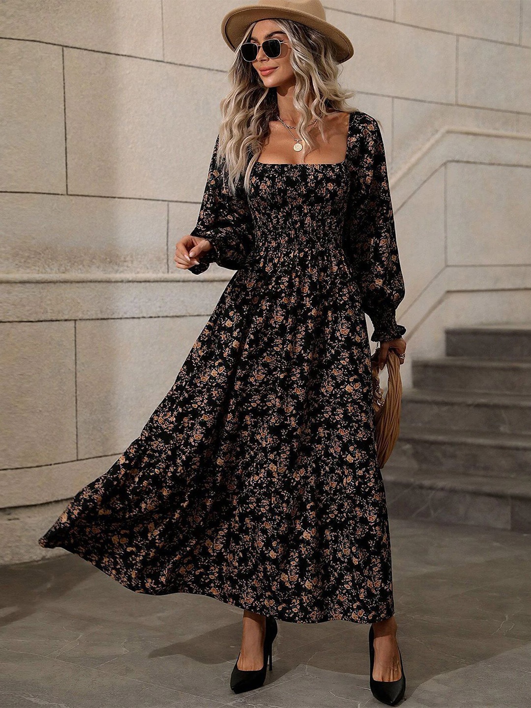 

StyleCast x Revolte Floral Printed Square Neck Puff Sleeves Fit and Flare Maxi Dress, Black