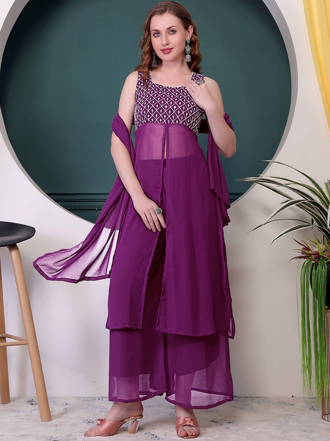 

Ethnic 3 You Floral Yoke Design Empire Sequinned Pure Cotton Kurta With Palazzo & Dupatta, Purple