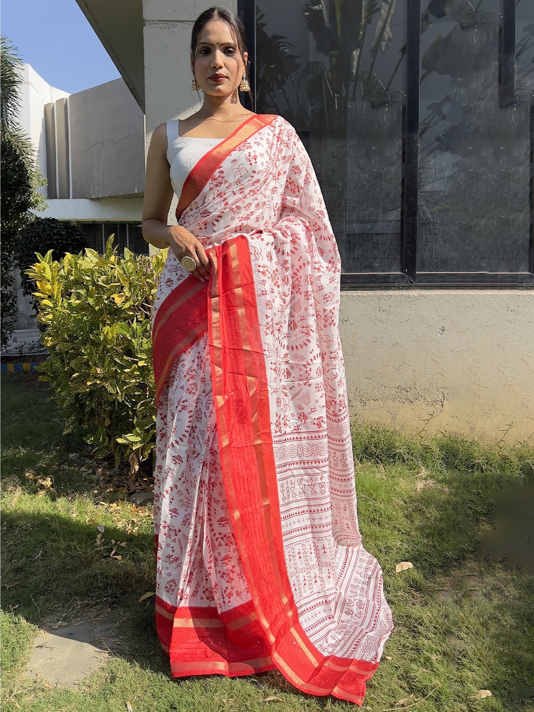 

bansari textiles Ethnic Motifs Printed Pure Cotton Khadi Saree, White