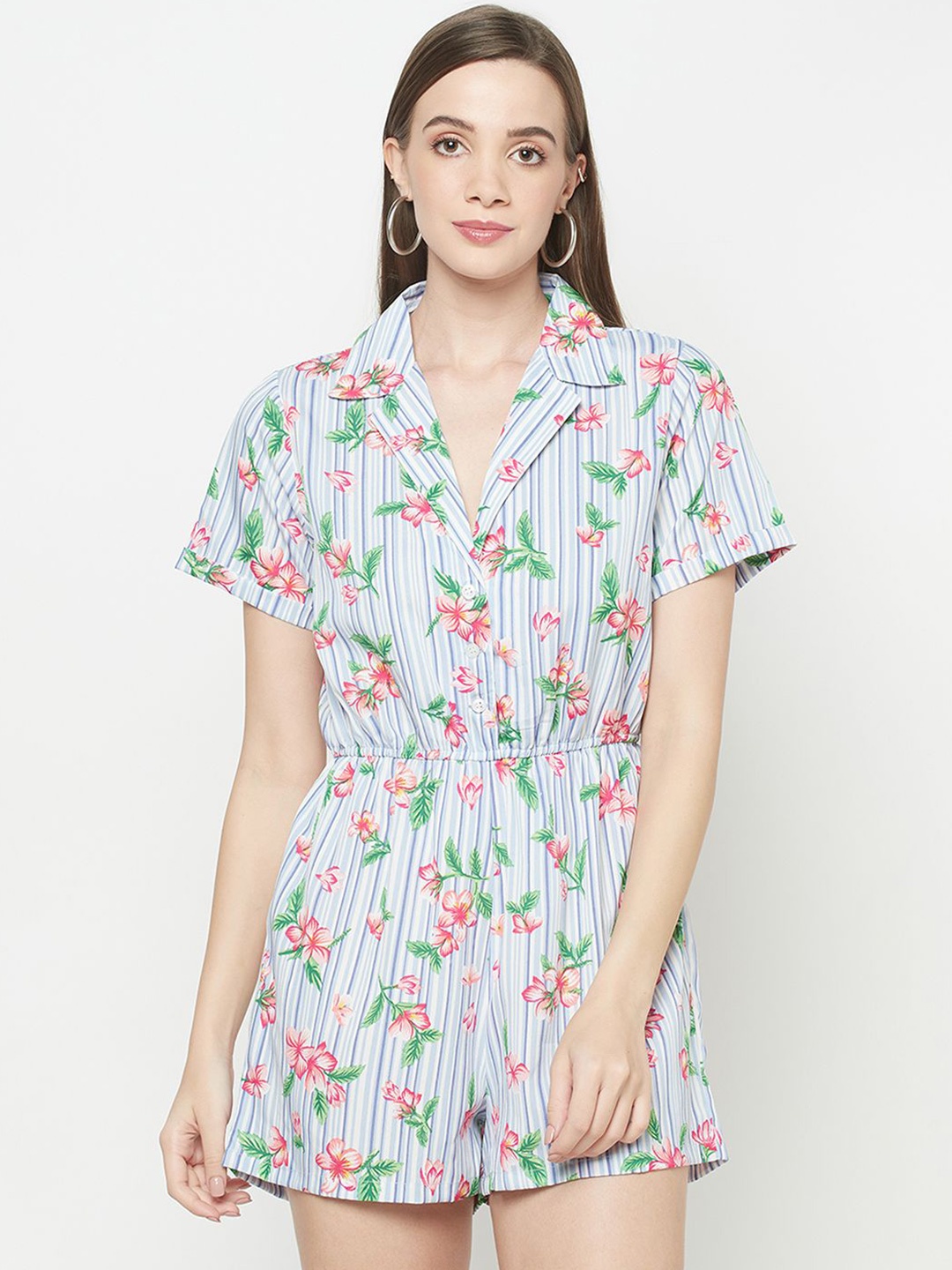 

Moda Rapido Women Floral Printed Shirt Collar Cotton Jumpsuit, Blue