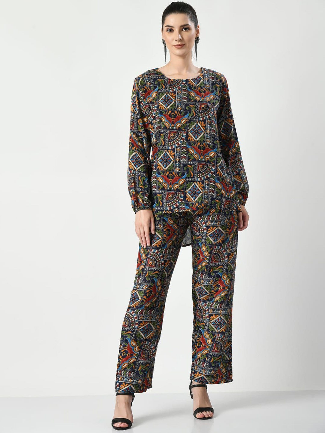 

NEYSA Ethnic Motifs Printed High-Low Tunic And Trouser, Navy blue