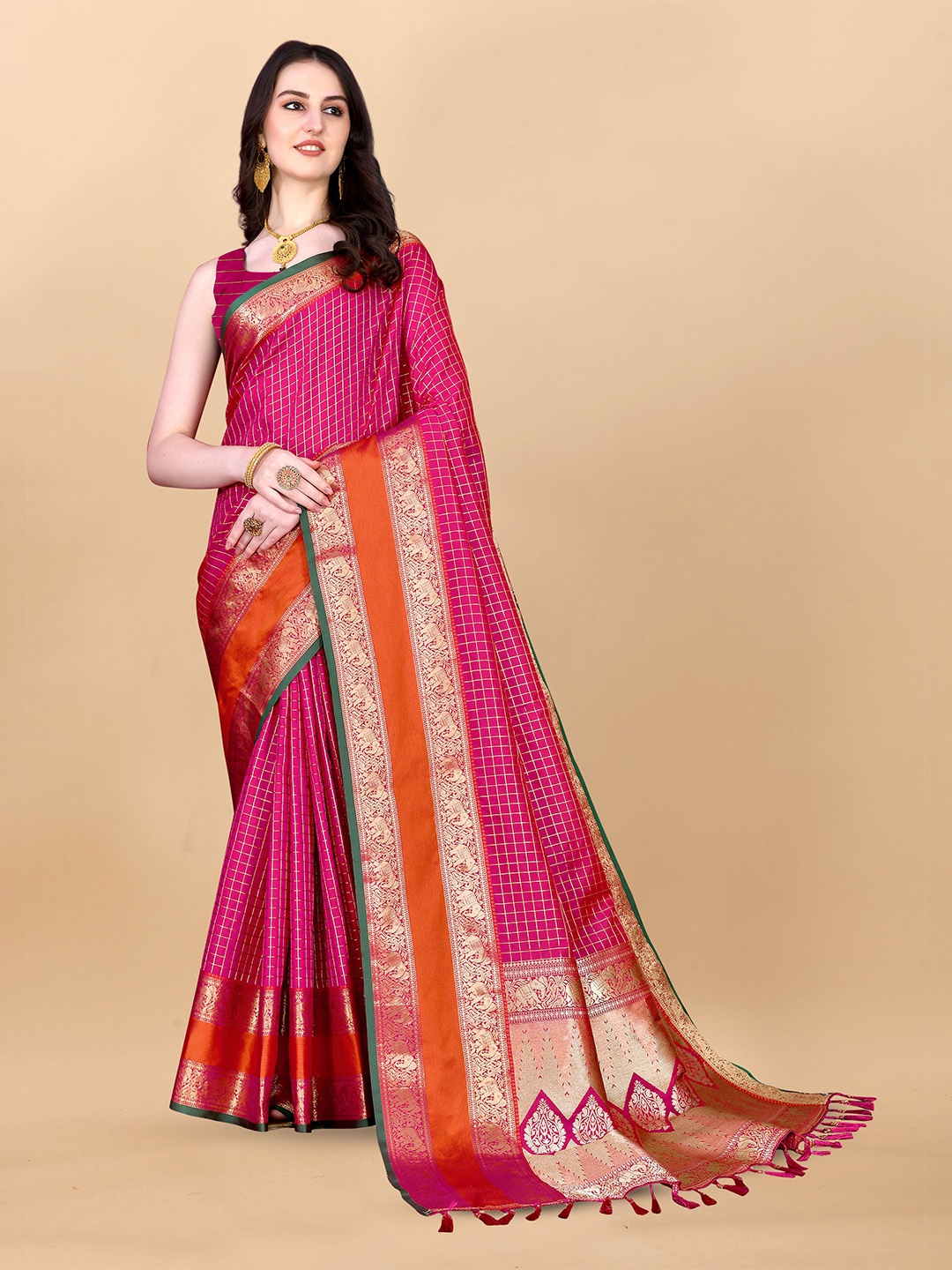 

bansari textiles Woven Design Zari Banarasi Saree, Pink