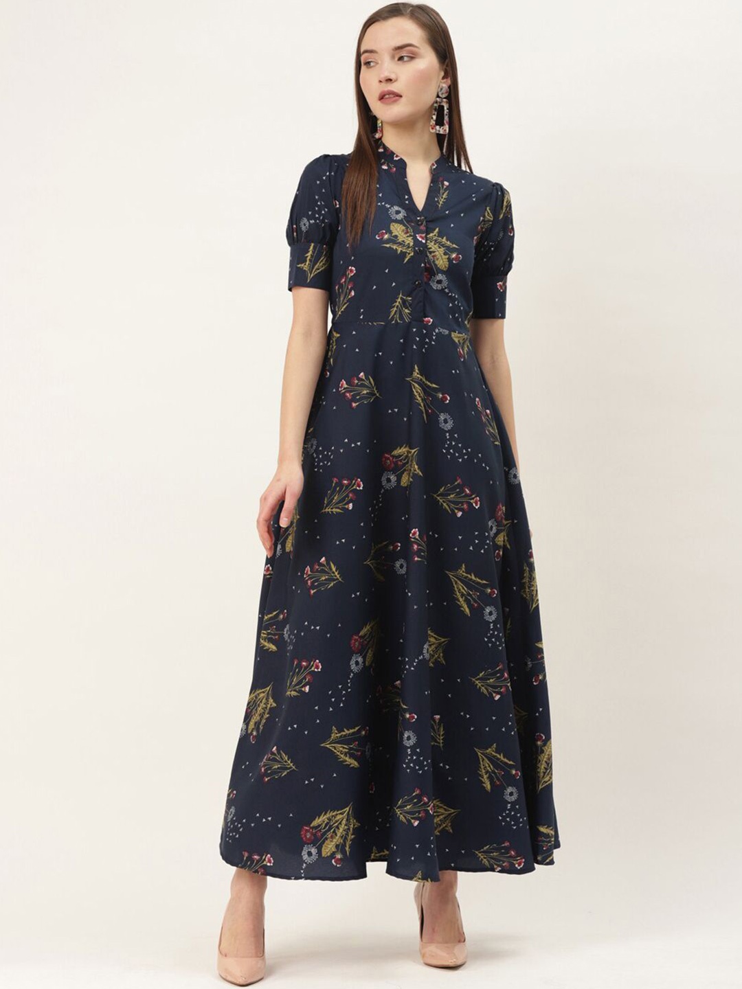 

DressBerry Floral Print Crepe A-Line Maxi Dress, Navy blue