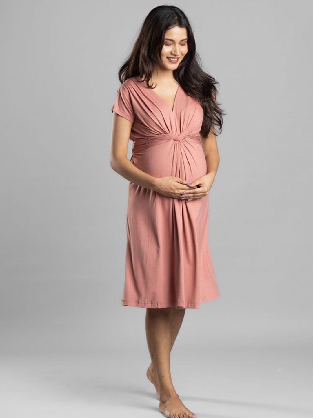 

Block Hop Old Rose Fit and Flare Bamboo Maternity Everyday Dress, Peach