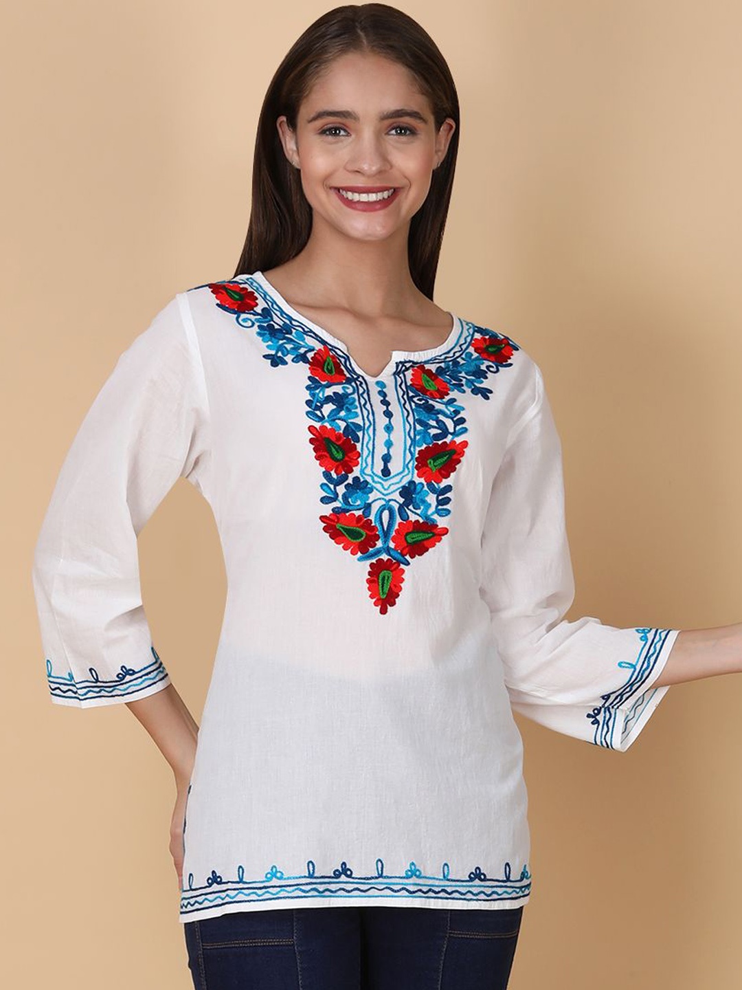 

FEMBLISS Floral Embroidered Notch Neck Kurtas, White