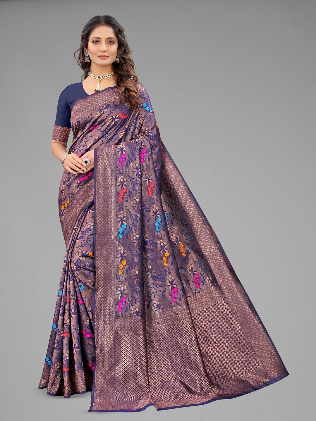 

bansari textiles Woven Design Floral Zari Kanjeevaram Saree, Blue