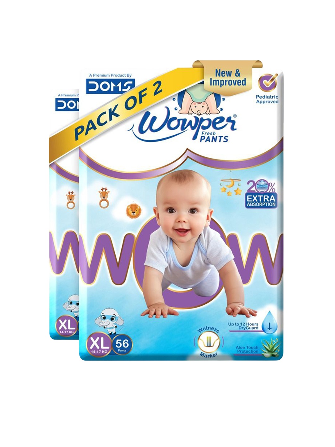 

Wowper Baby Set Of 2 Pant Style Diaper With 3D Diamond Cross Core - XL - 56Pcs Each, White