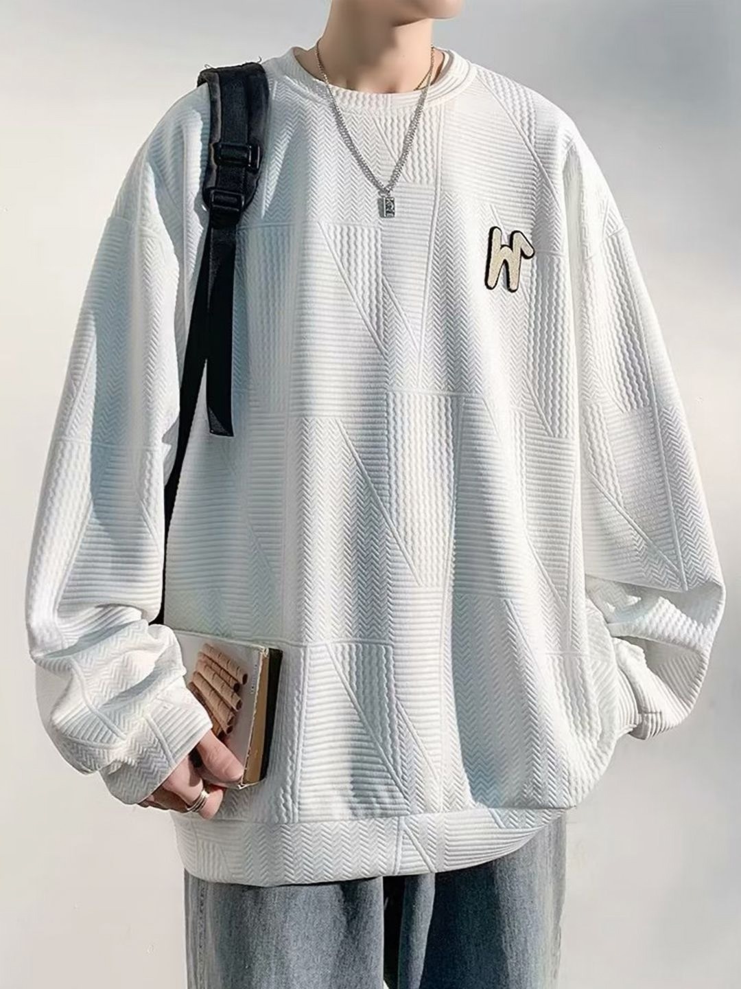 

HERE&NOW Men Textured Applique Oversized Sweatshirts, White