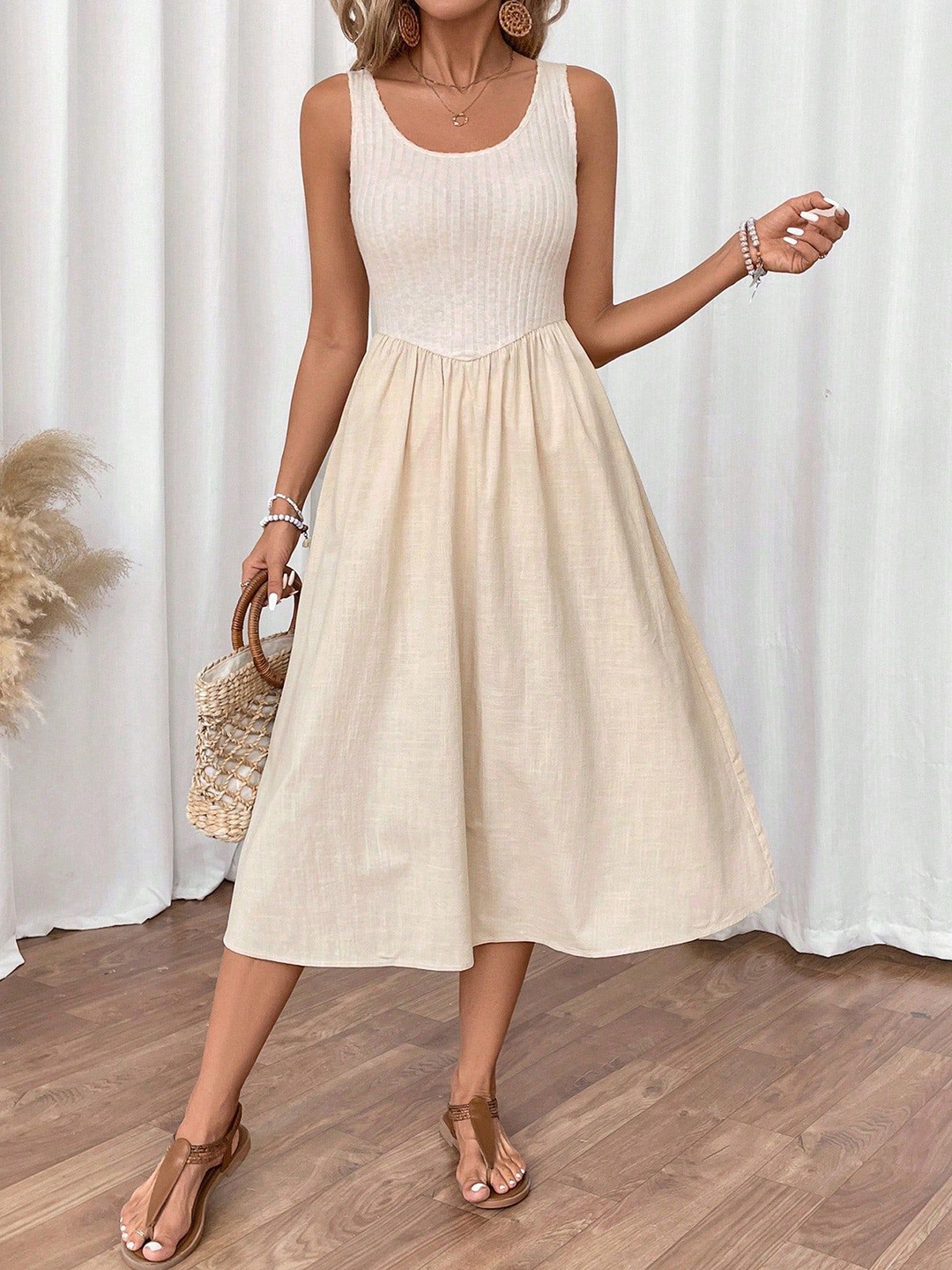 

StyleCast x Revolte Fit and Flare Midi Dress, Beige