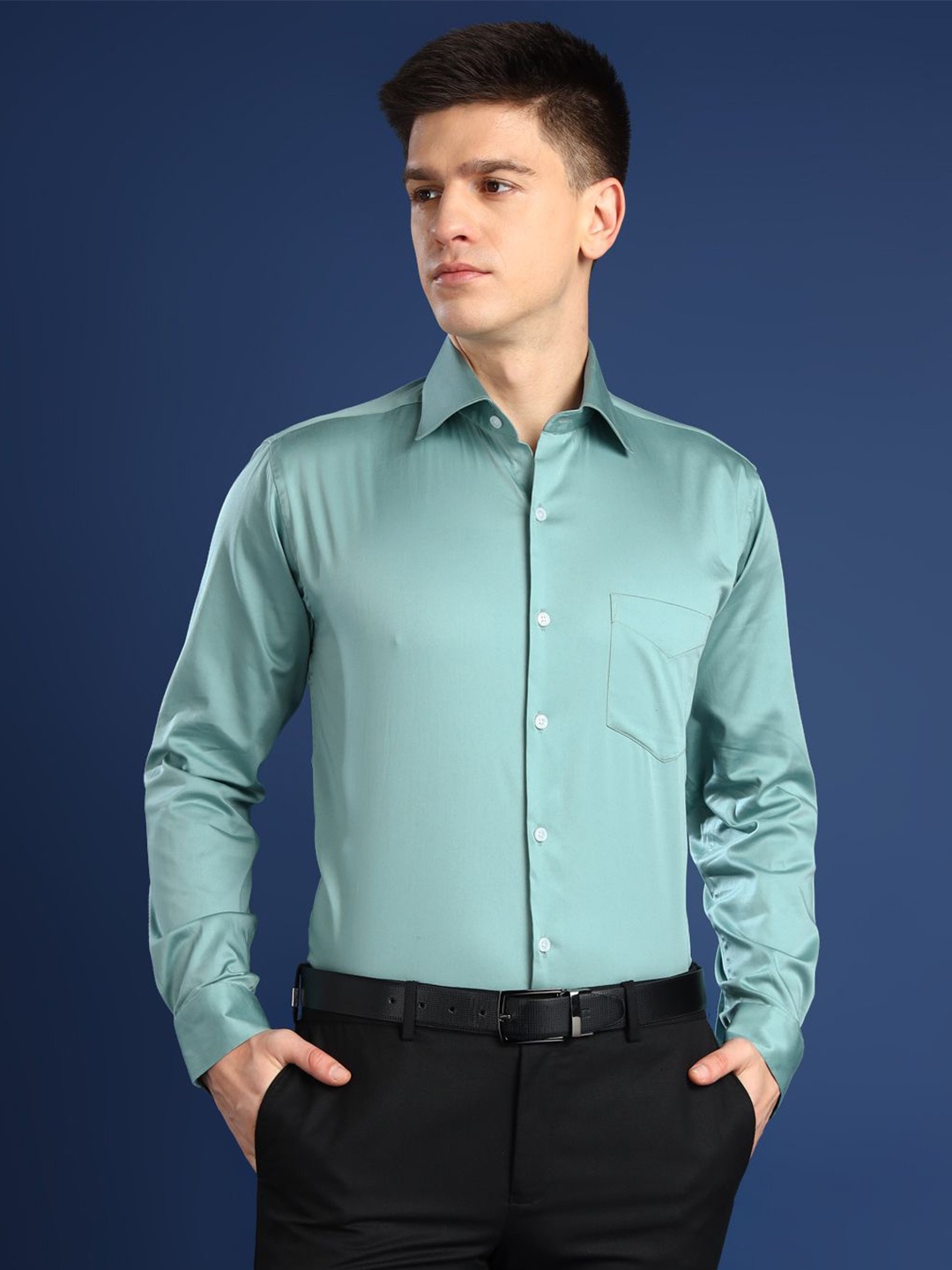 

Hancock Men Premium Slim Fit Spread Collar Solid Cotton Party Shirt, Green