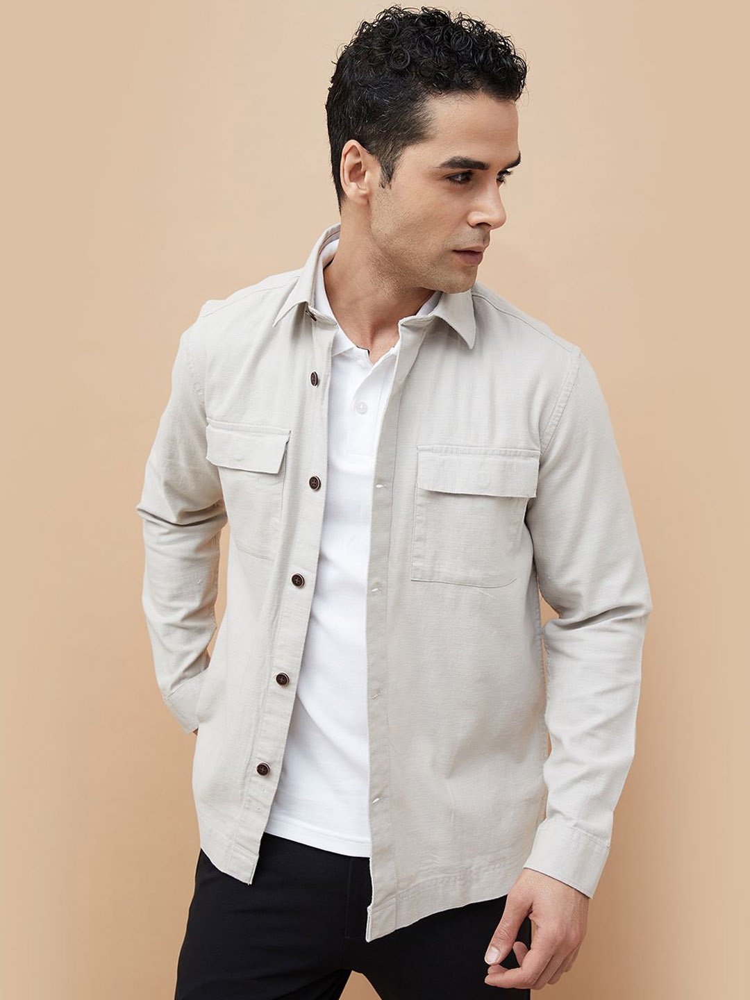 

CODE by Lifestyle Men Spread Collar Solid Cotton Casual Shacket, Cream