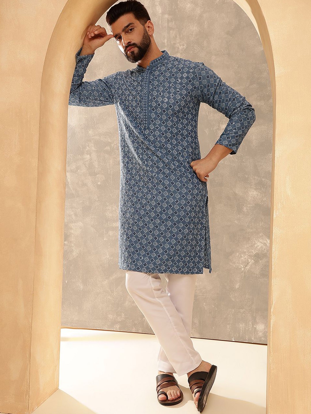 

Anouk Blue Mandarin Collar Geometric Embroidered Sequinned Pure Cotton Straight Kurta