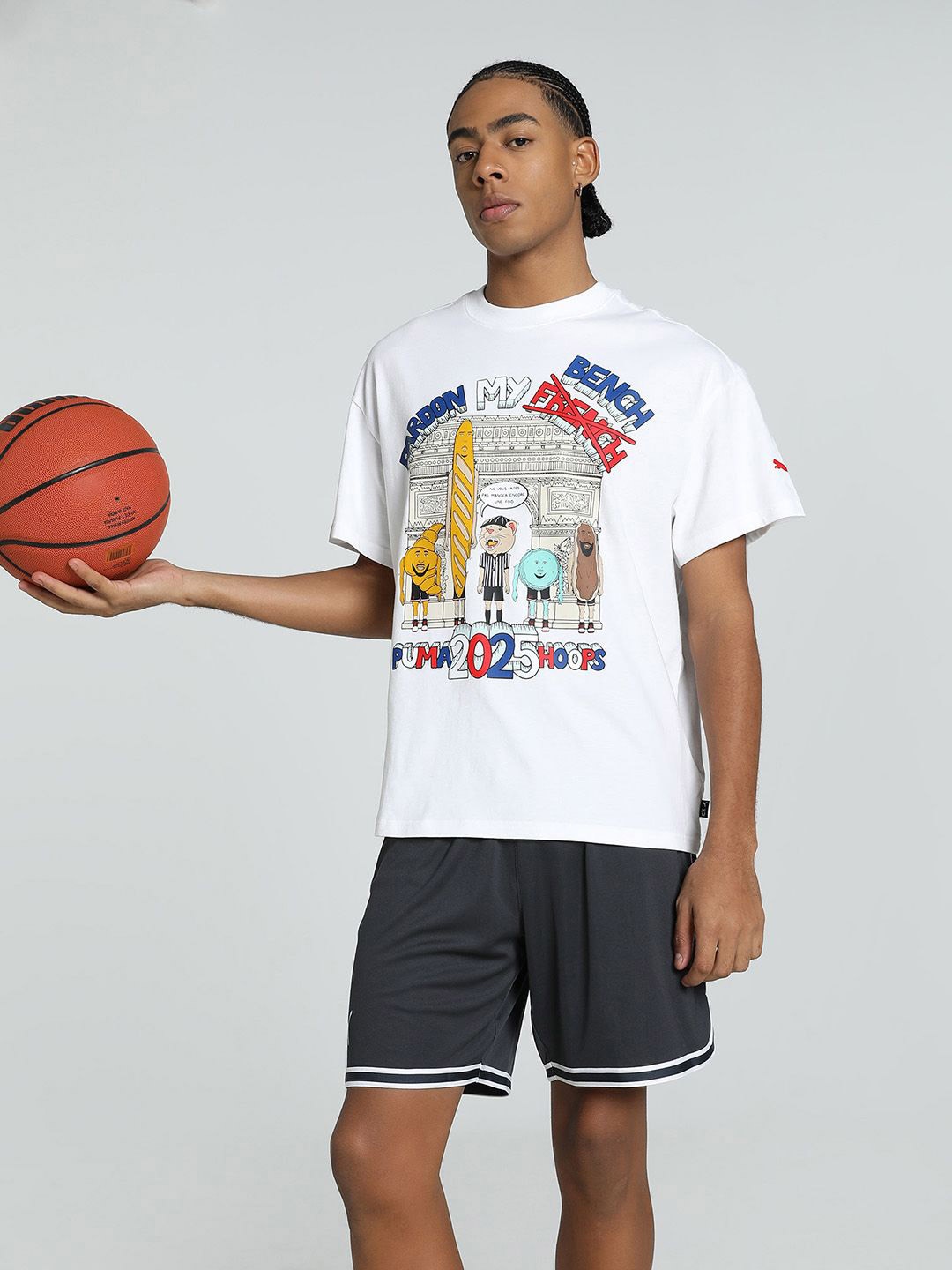 

Puma Men Paris Pardon My French Printed Cotton Oversized Fit Basketball T-Shirt, White