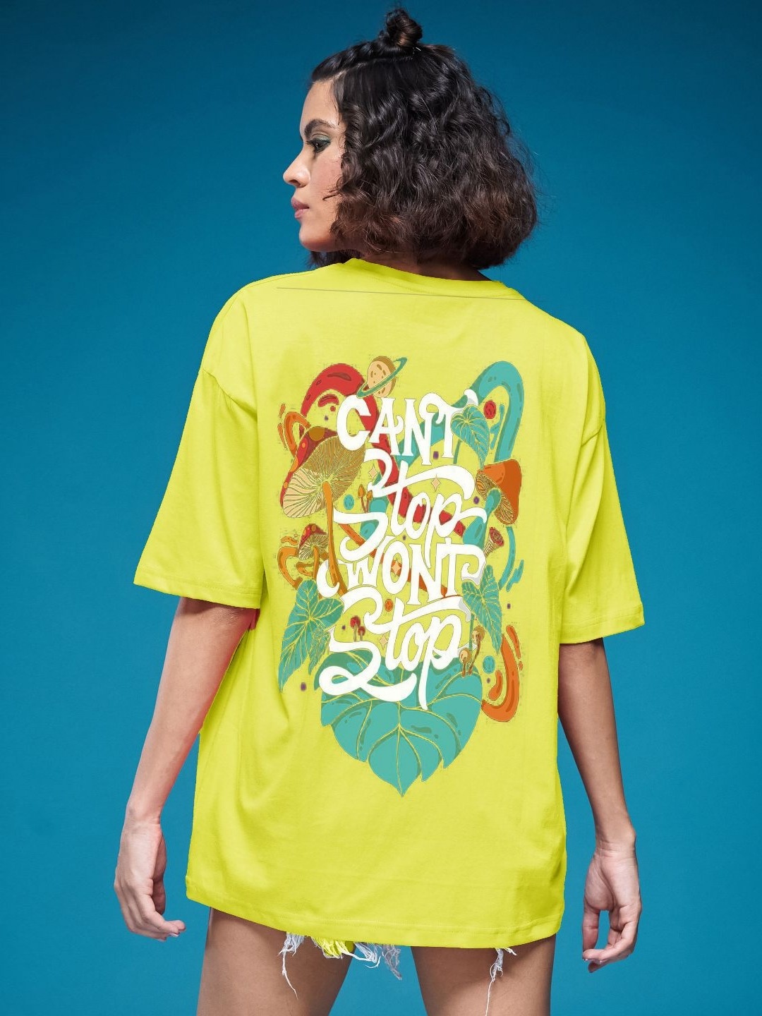 

SMARTEES Women Printed Drop-Shoulder Sleeves Applique T-shirt, Yellow
