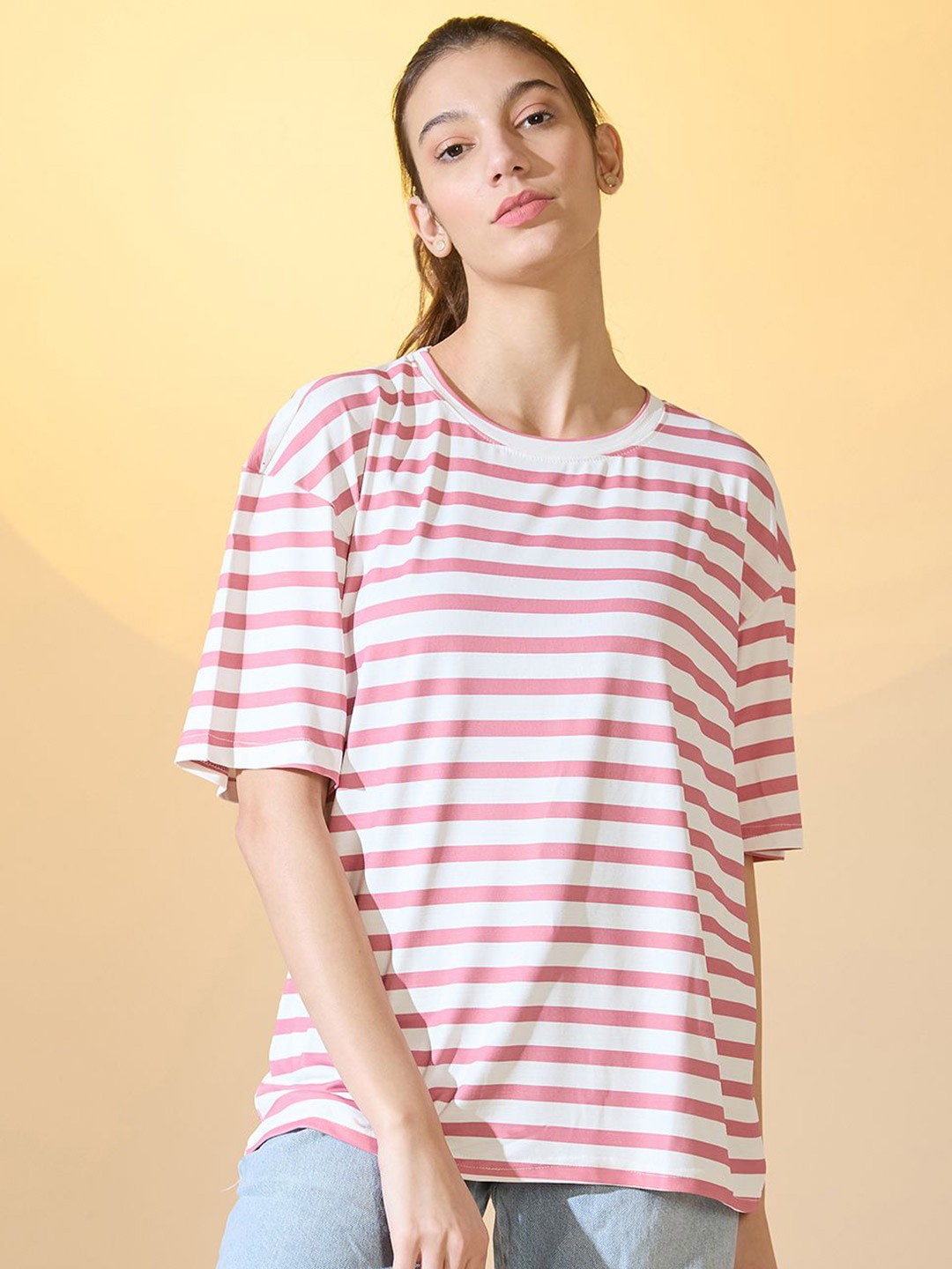 

DressBerry Striped Extended Sleeves Top, Pink