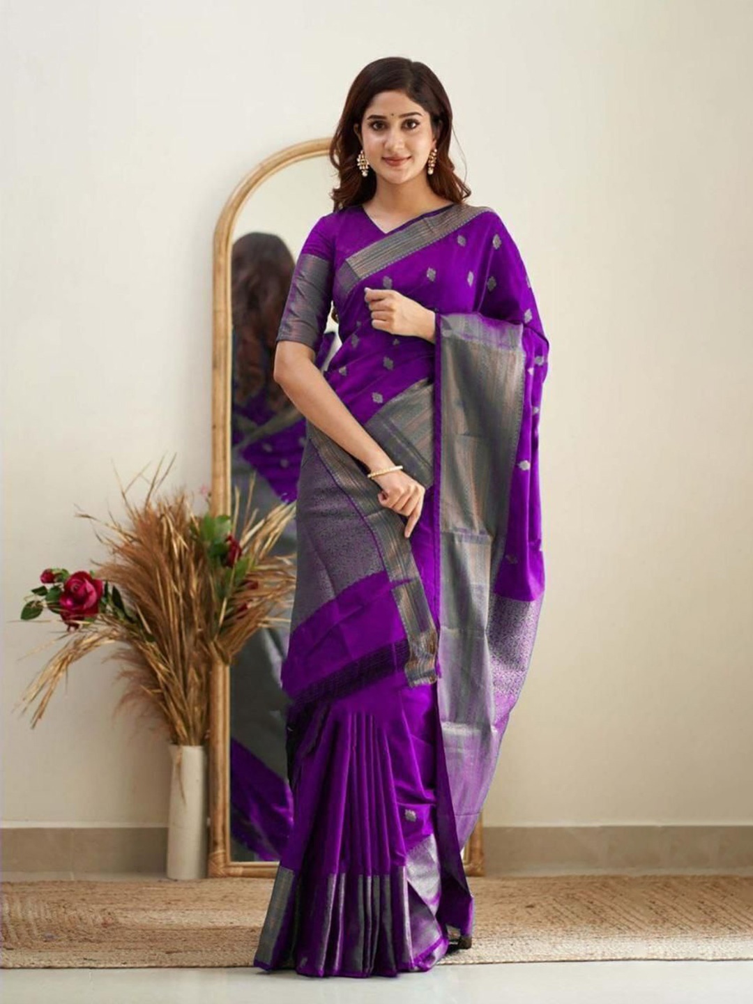 

bansari textiles Woven Design Zari Kanjeevaram Saree, Purple