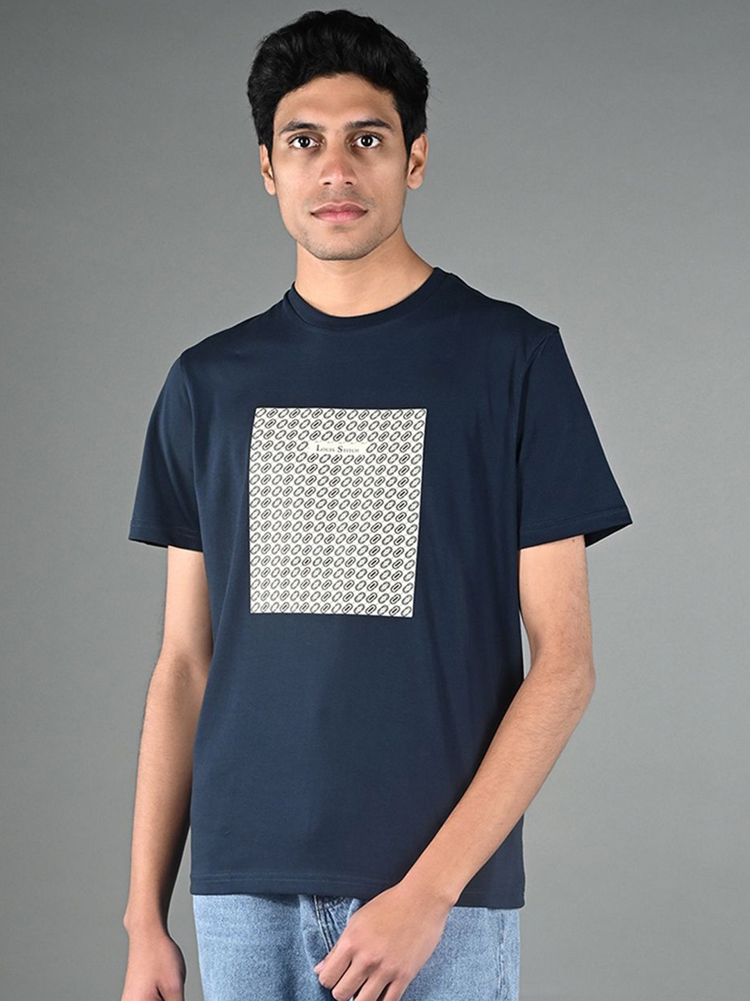 

LOUIS STITCH Men Graphic Printed Round Neck Cotton T-shirt, Navy blue