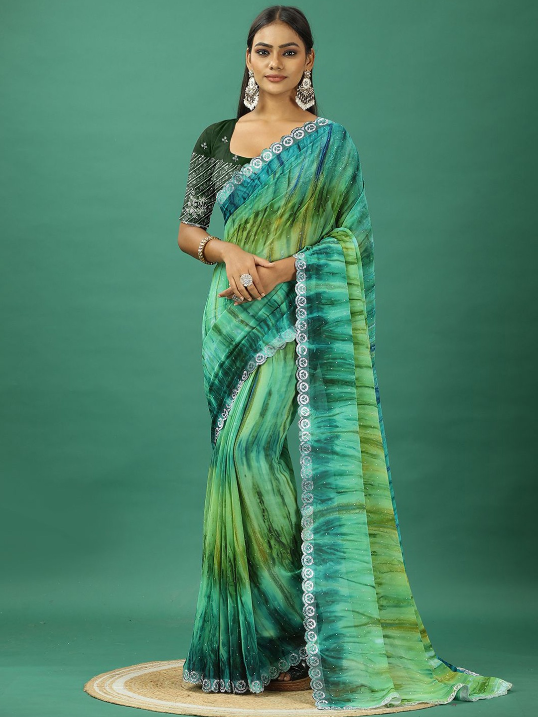 

A.V.M. SILK MILLS Tie and Dye Pure Georgette Saree, Green